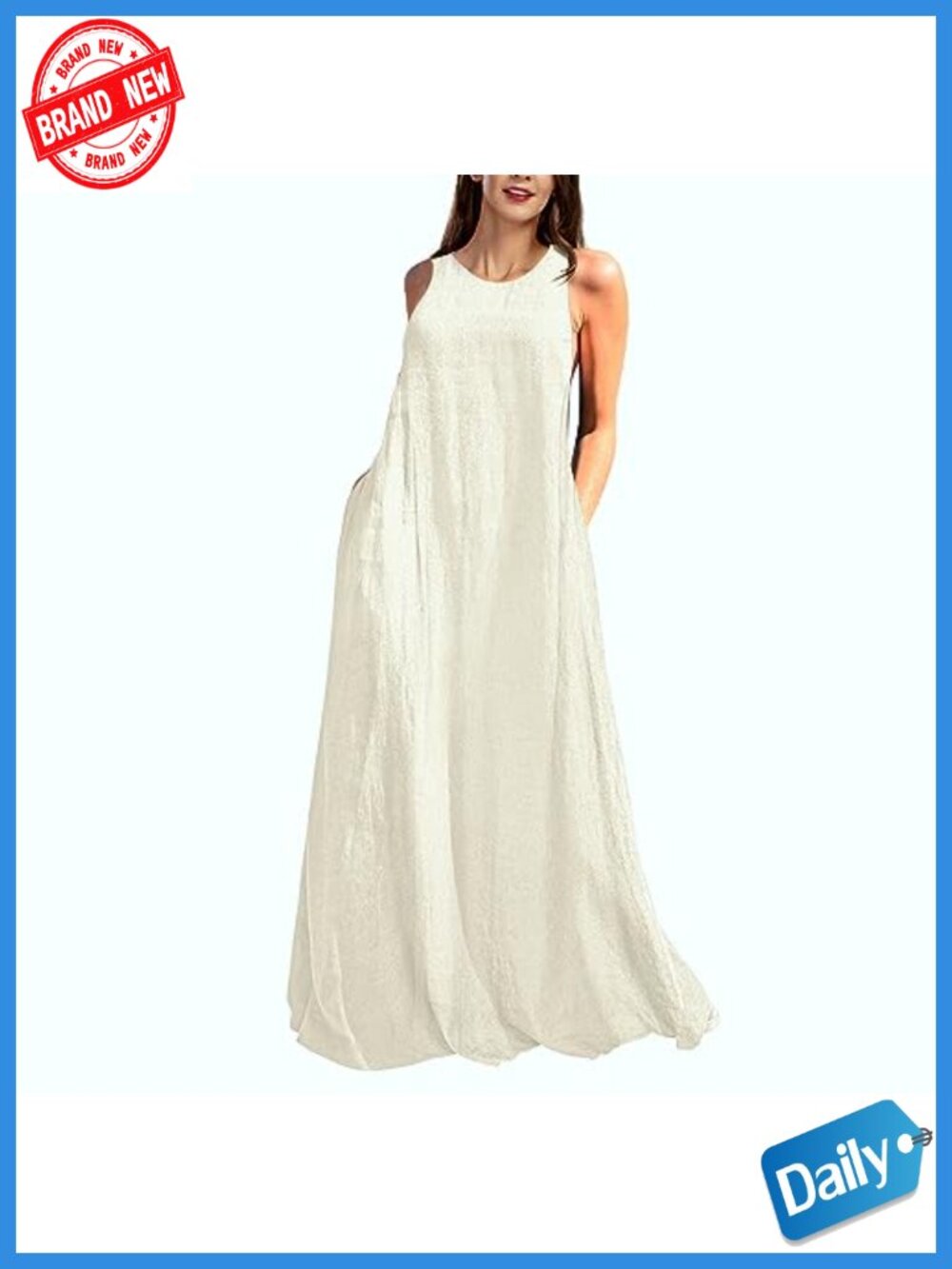 Women's Linen Blend Sleeveless Maxi Dress with Pockets, Casual Summer Beach